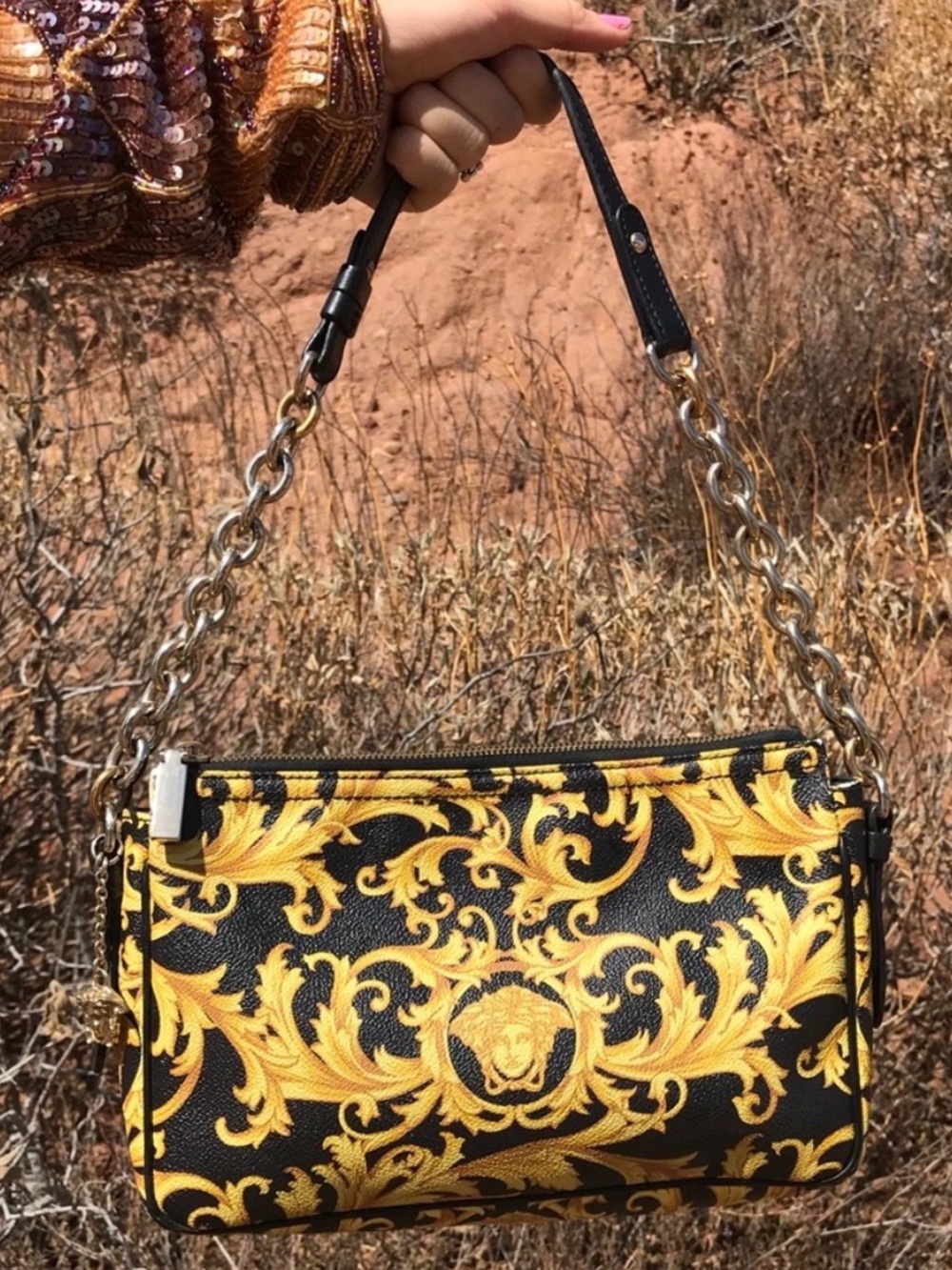 Vintage Versace Black and Gold Baroque Print Shoulder Bag